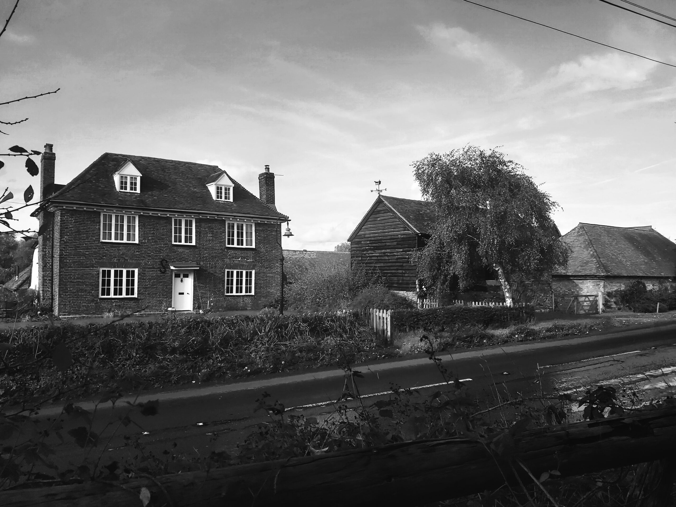 Black and white photo of houses in Aylesford, Kent, England.