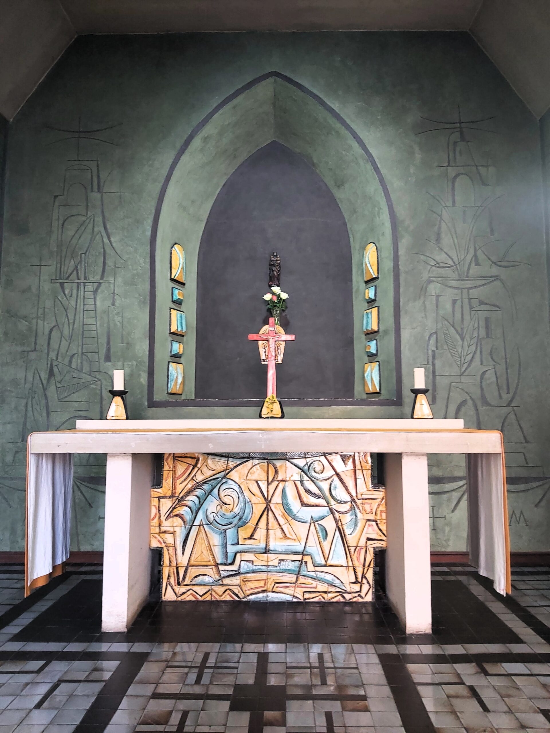 A modern art style altar in The Friars Aylesford Priory, Kent, England
