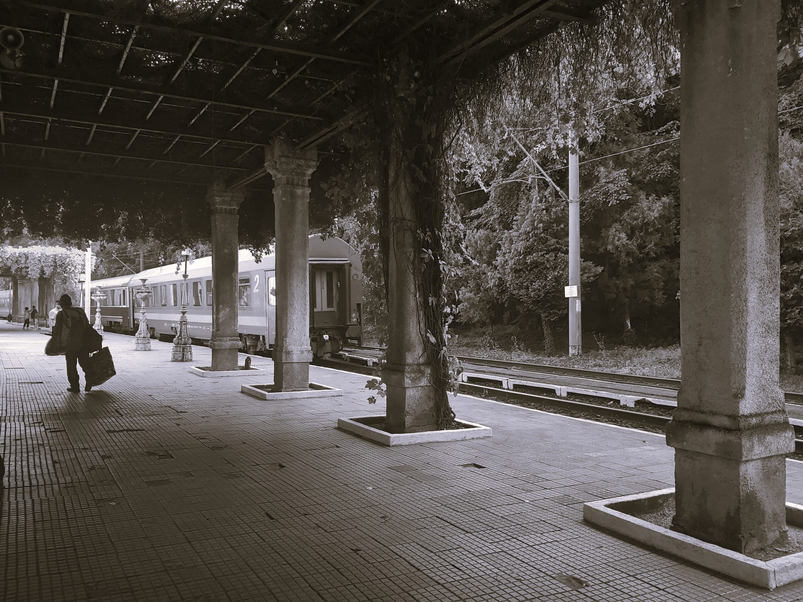 A black and white snapshot, an old man departs, carrying his bag along the platform at Baile Herculane train station, Romania.