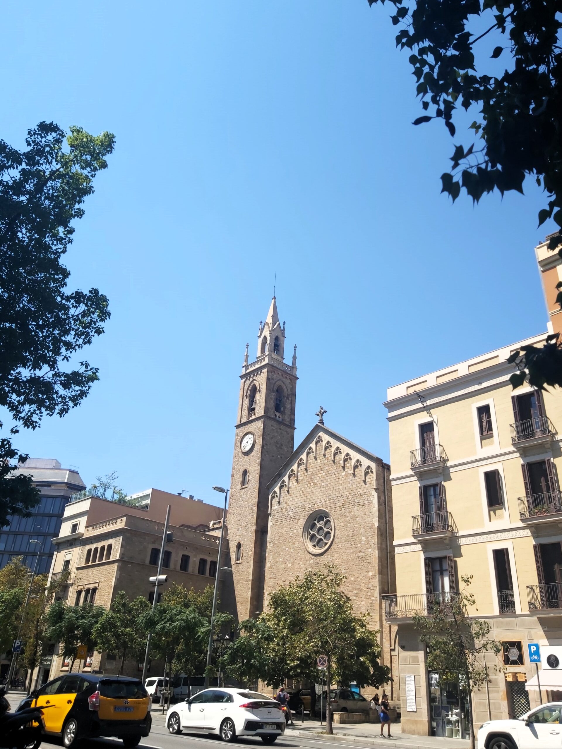 A church between buildings in Barcelona, Spain