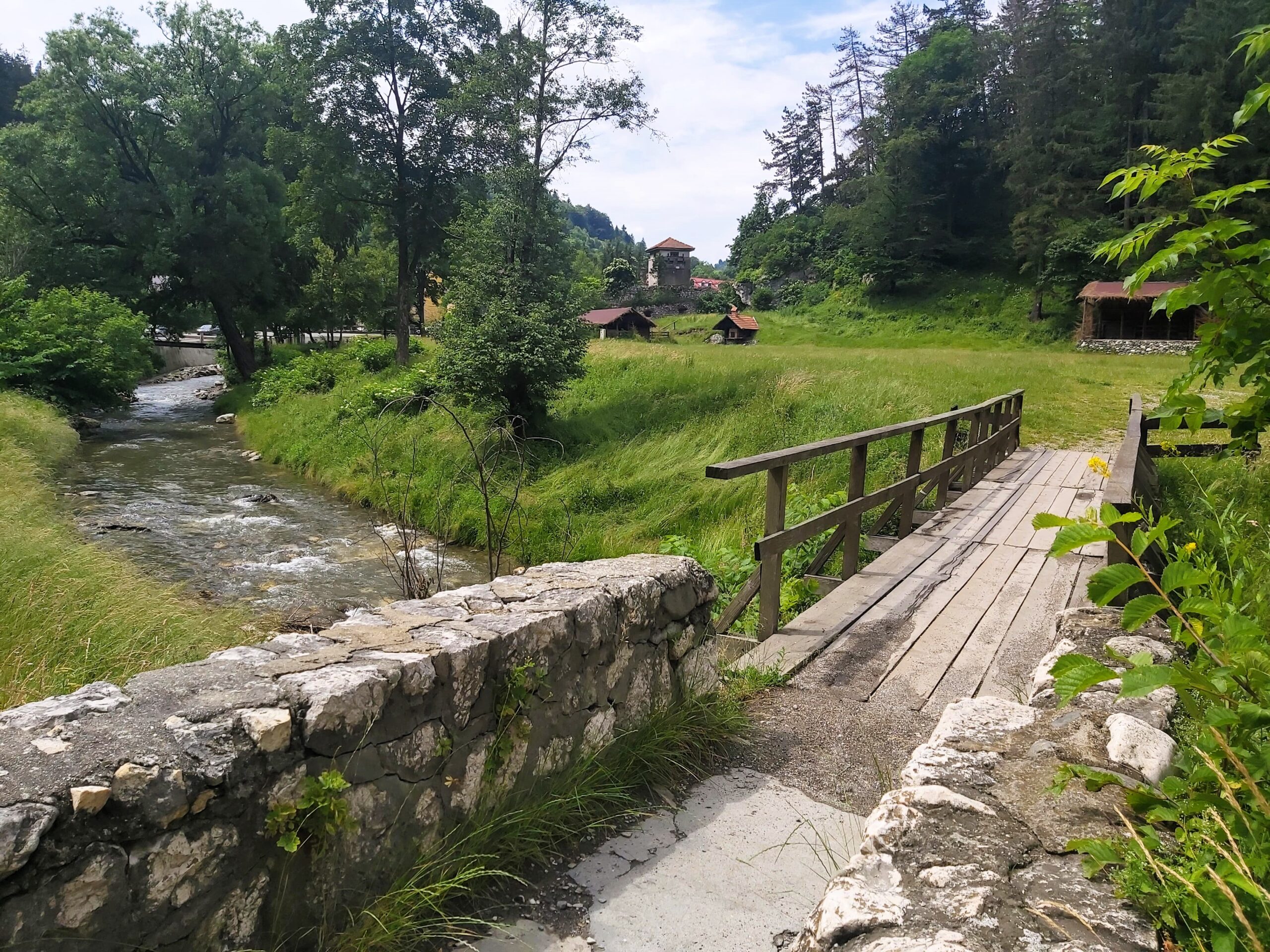A small footbridge over the river in Bran, Romania. Green trees and green fields all around.