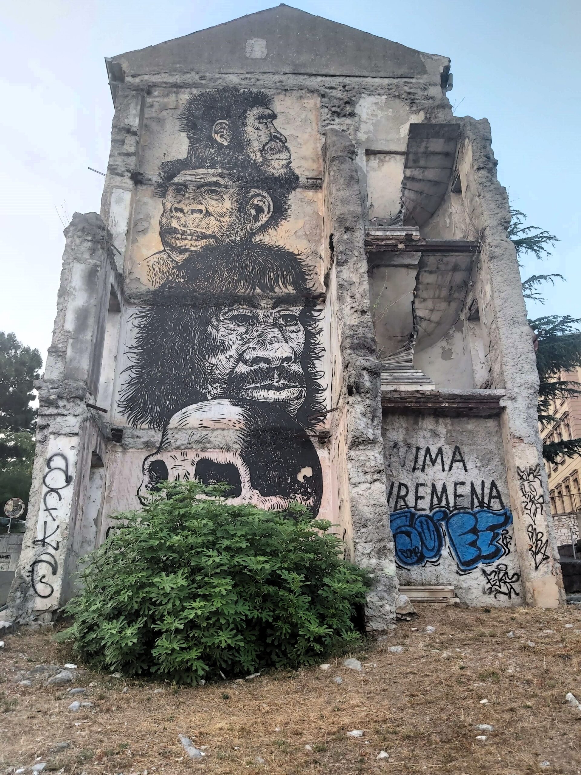 Graffiti heads on side of abandoned building, Rijeka, Croatia