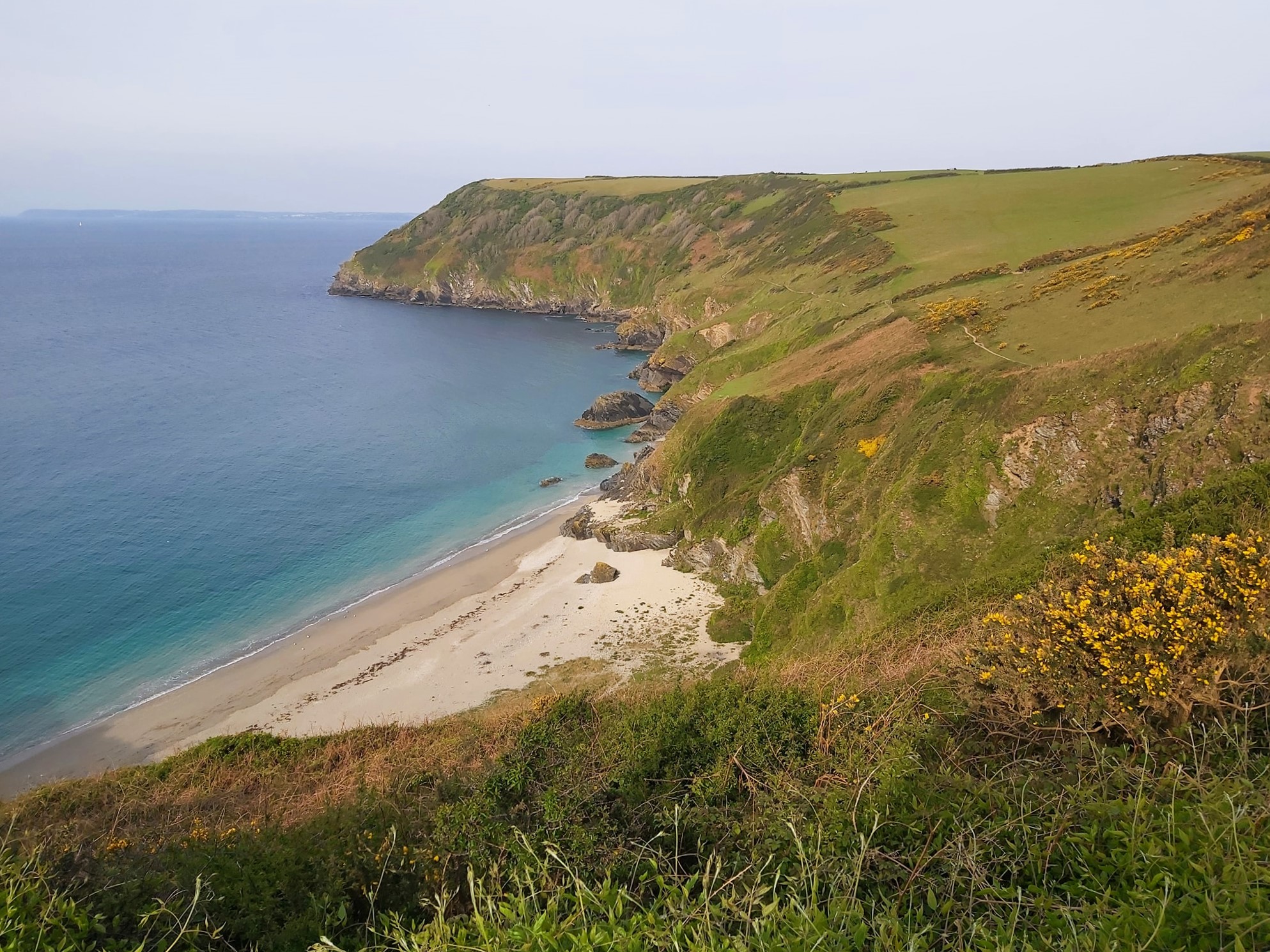A reaching view across the cliffs of the empty Lantic Bay Beach in Cornwall, England.