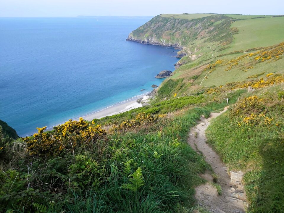 A far reaching view of Lantic bay with the path and signpost on the cliff, Cornwall, England