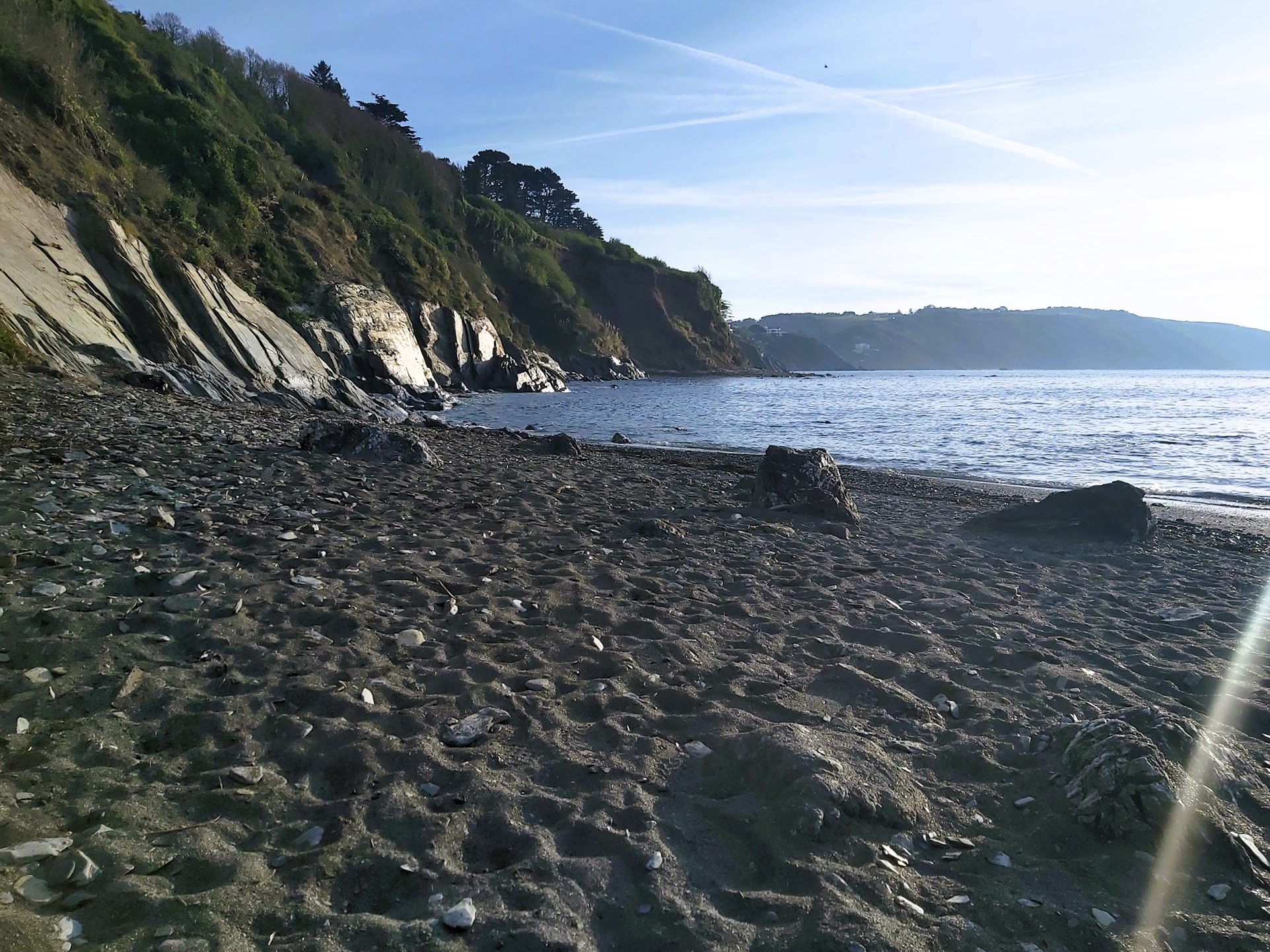Looe beach and cliffs with trees in Cornwall, England