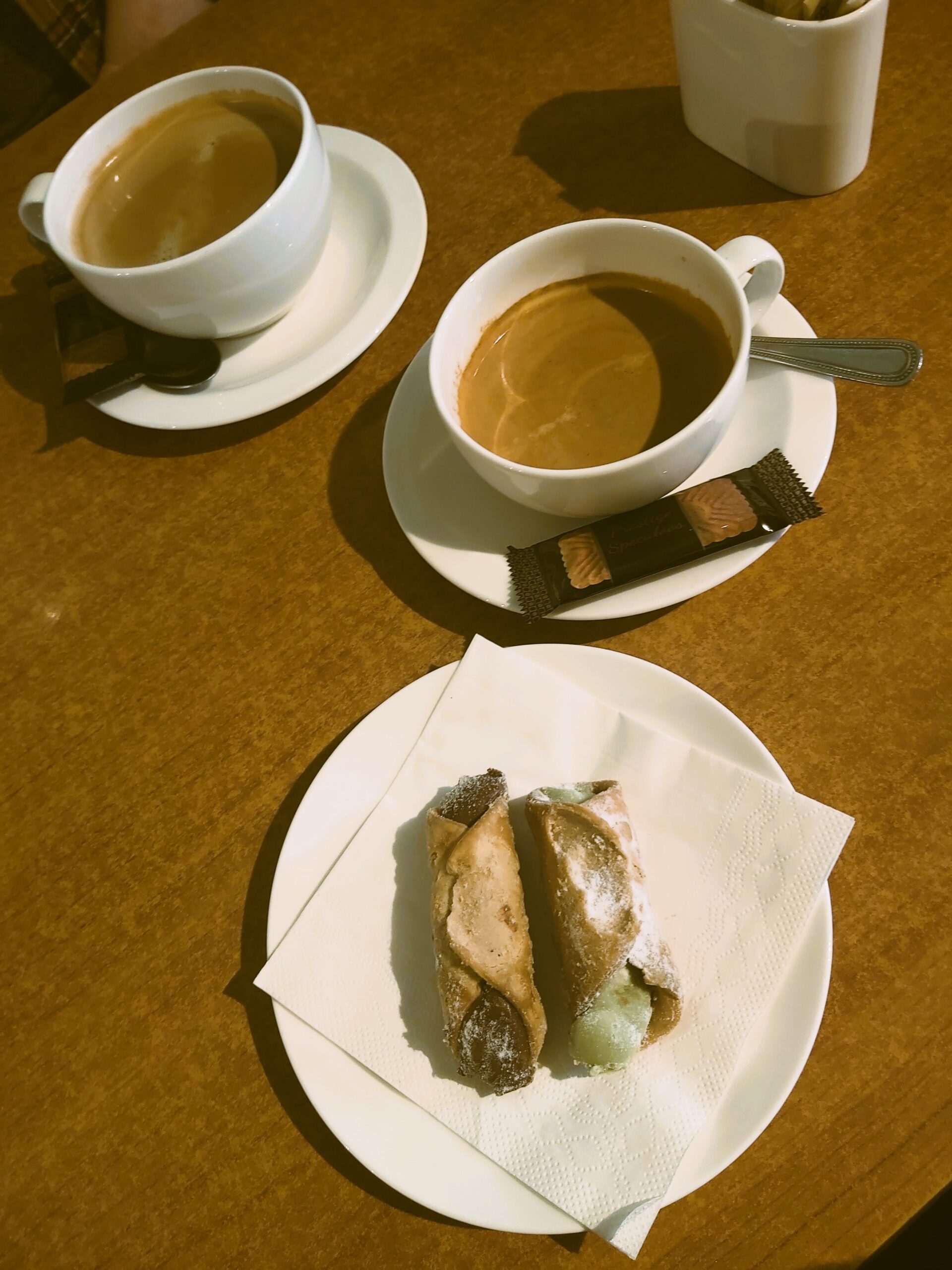 Coffee and cannoli at Milady Cafe in Ware, England