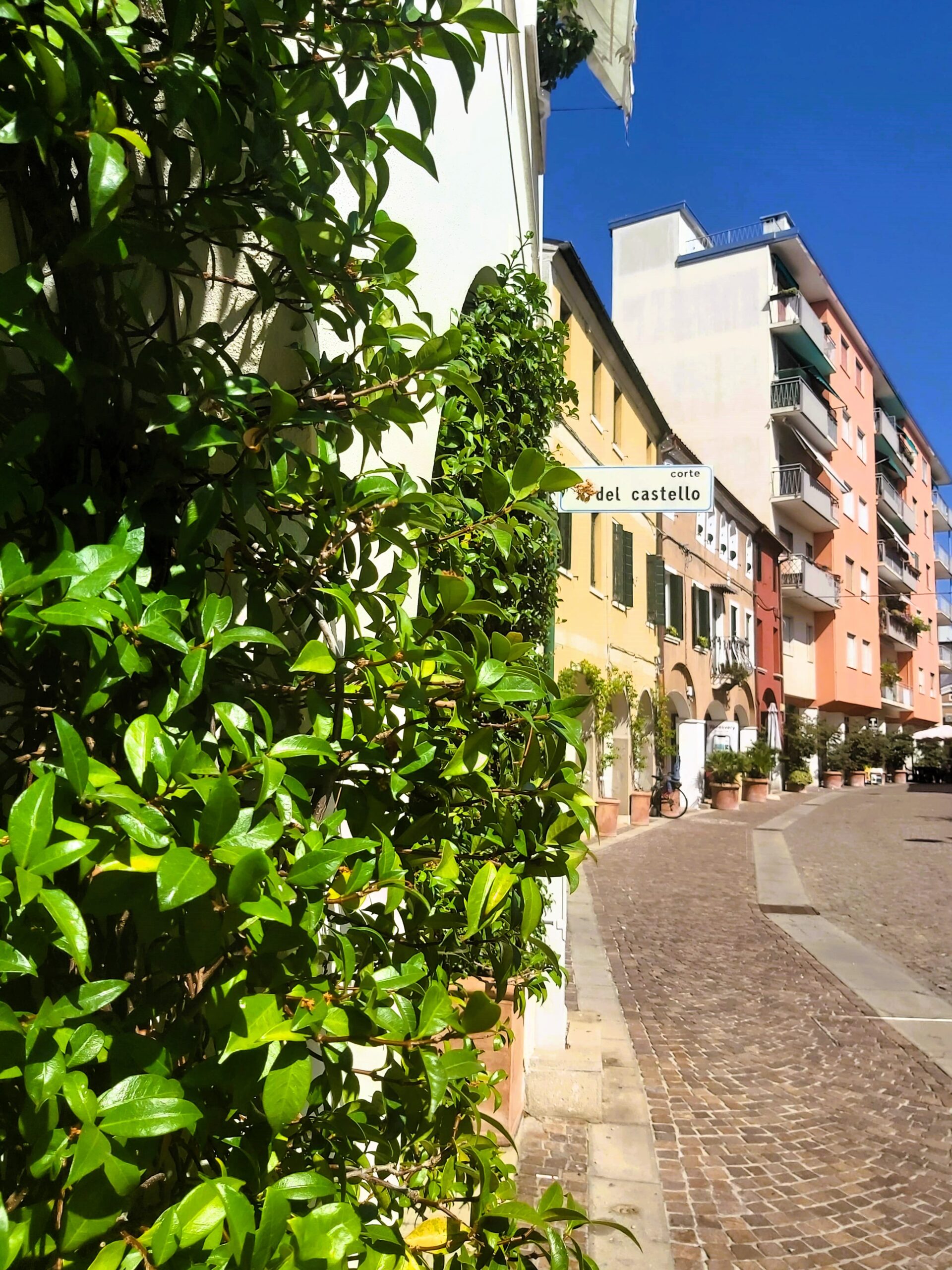 A pretty street with peach buildings and greenery in Mestre, Italy