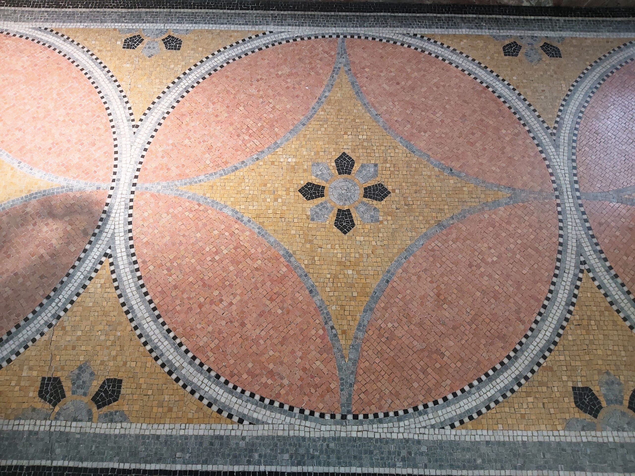 Detailed floor tiling in St Mary's Church, Ware, England