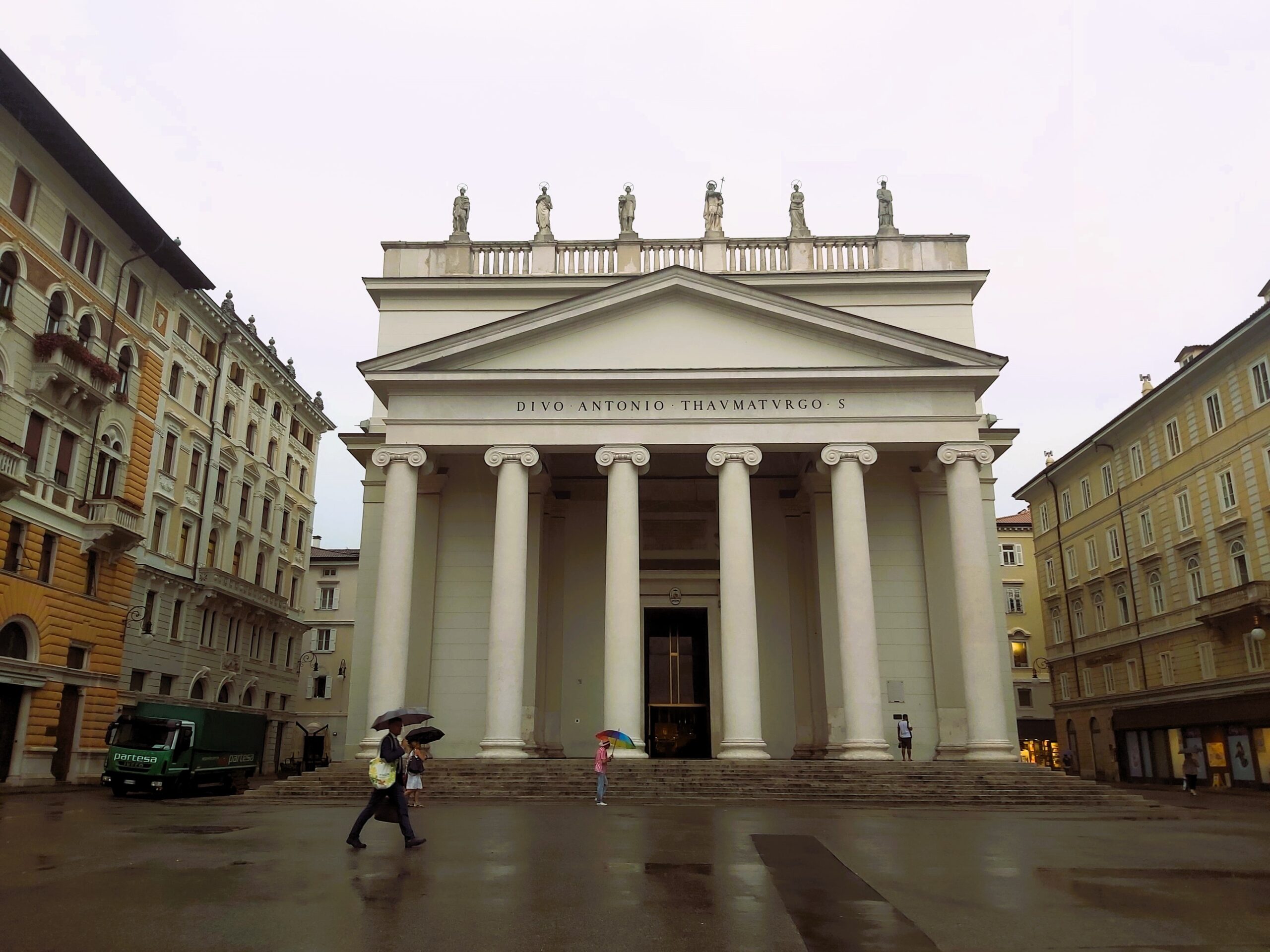 The columned front of the neoclassical church of Sant’Antonio Nuovo in Trieste, Italy