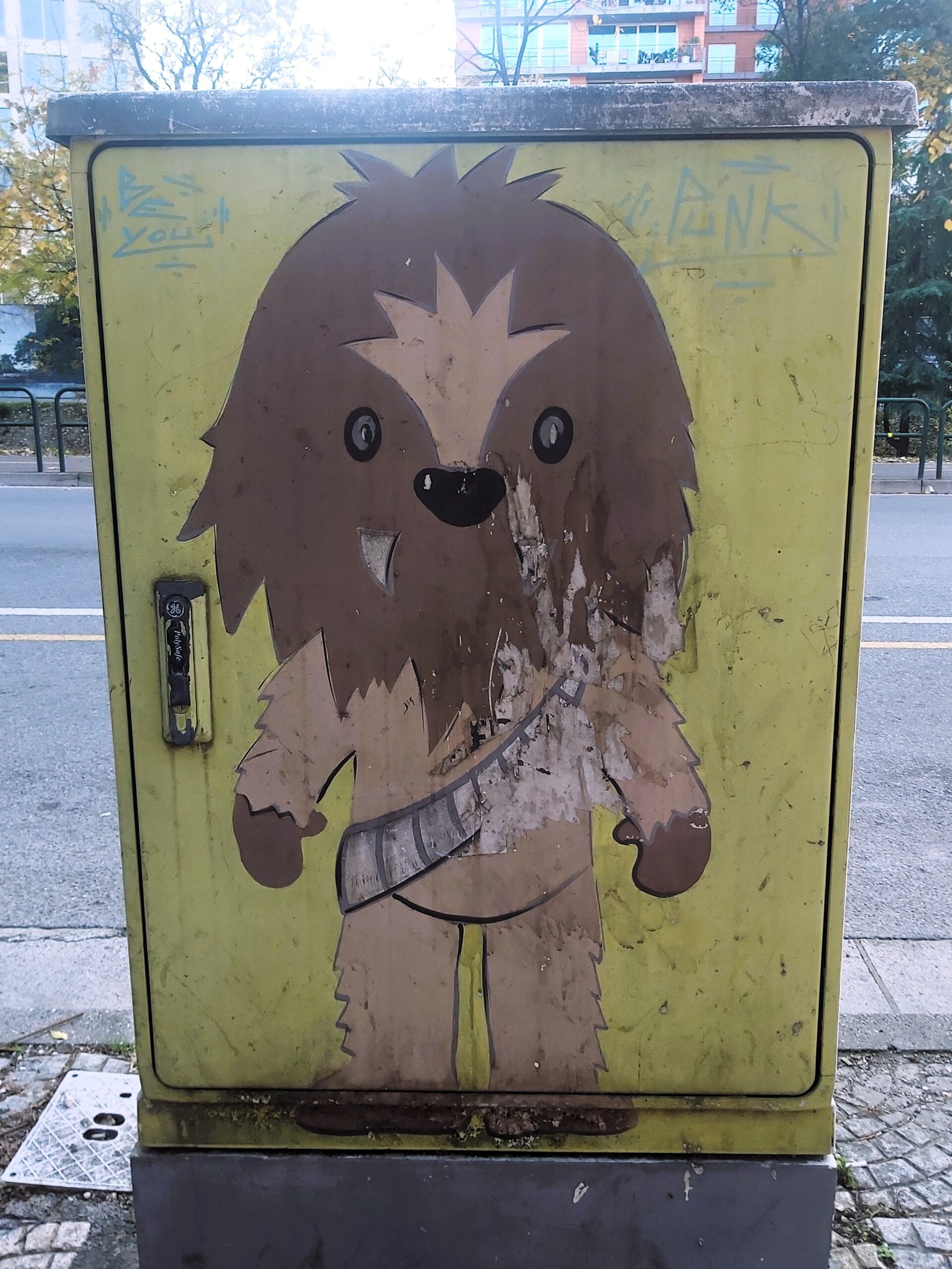 A Chewbacca graffiti on an utilities box in Tirana, Albania