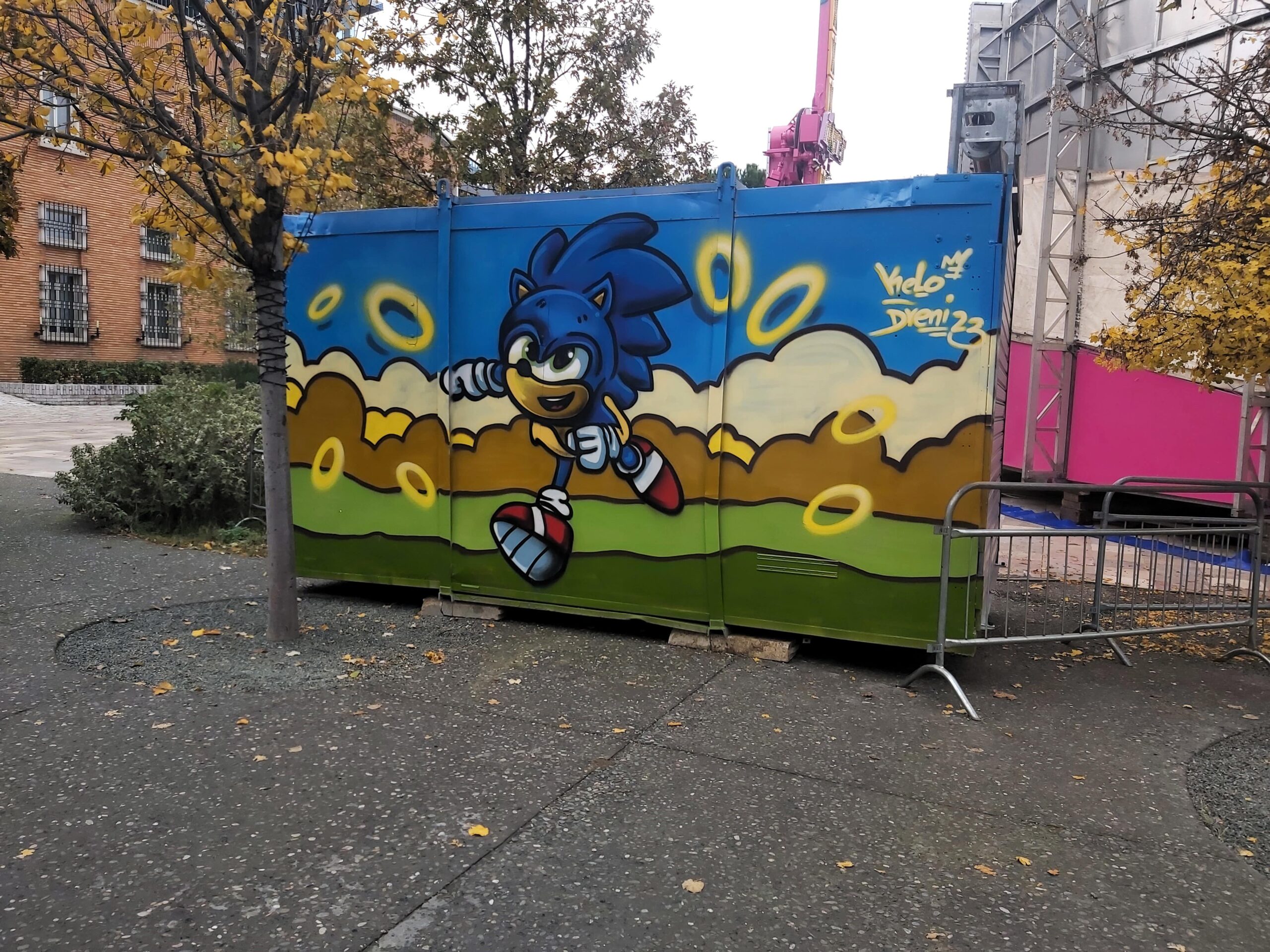 Sonic the Hedgehog mural with golden rings in Tirana, Albania