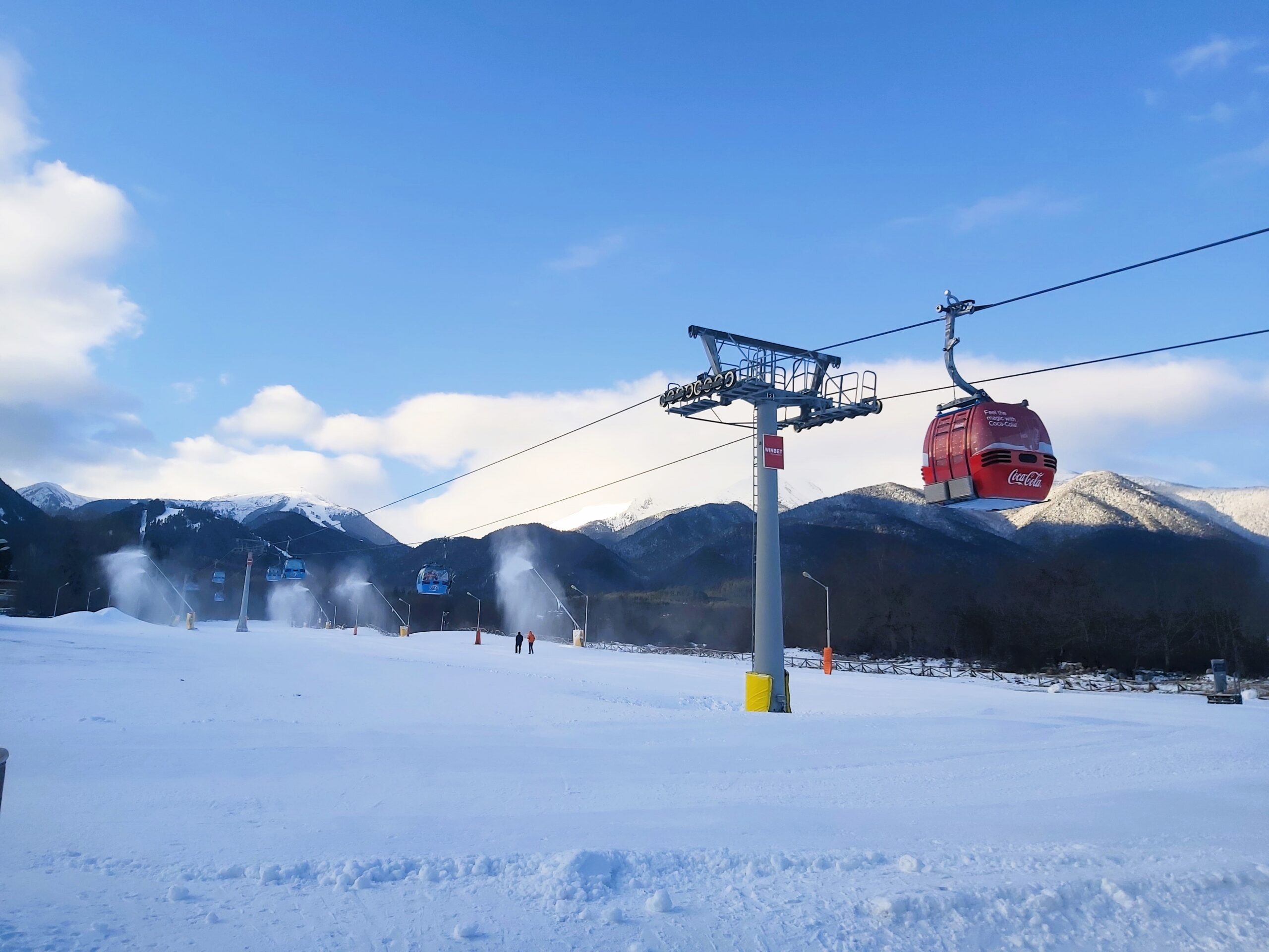 A red gondola at the bottom of the mountain in Bansko, Bulgaria