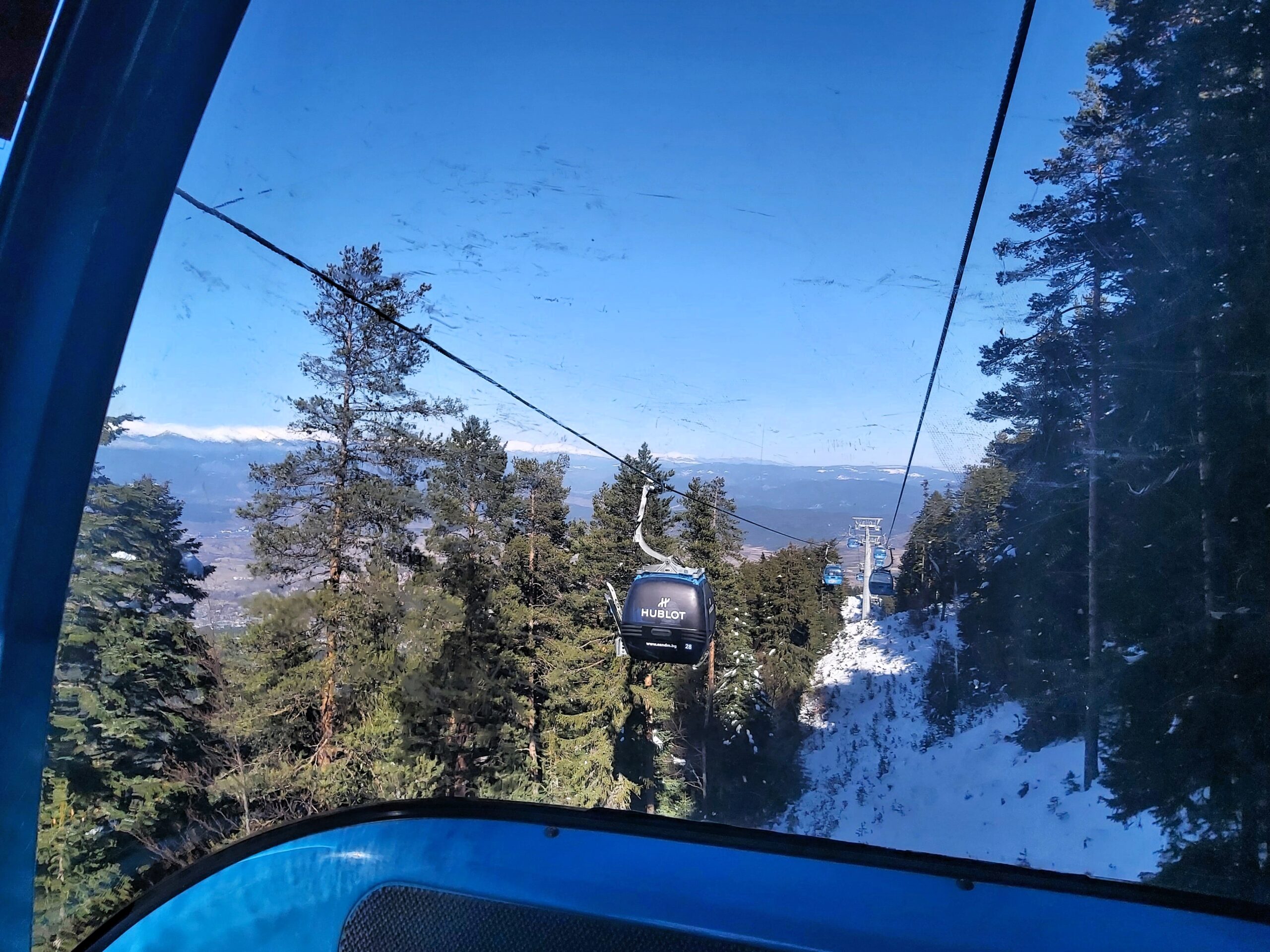 A view from the gondola going down the mountain in Bansko, Bulgaria