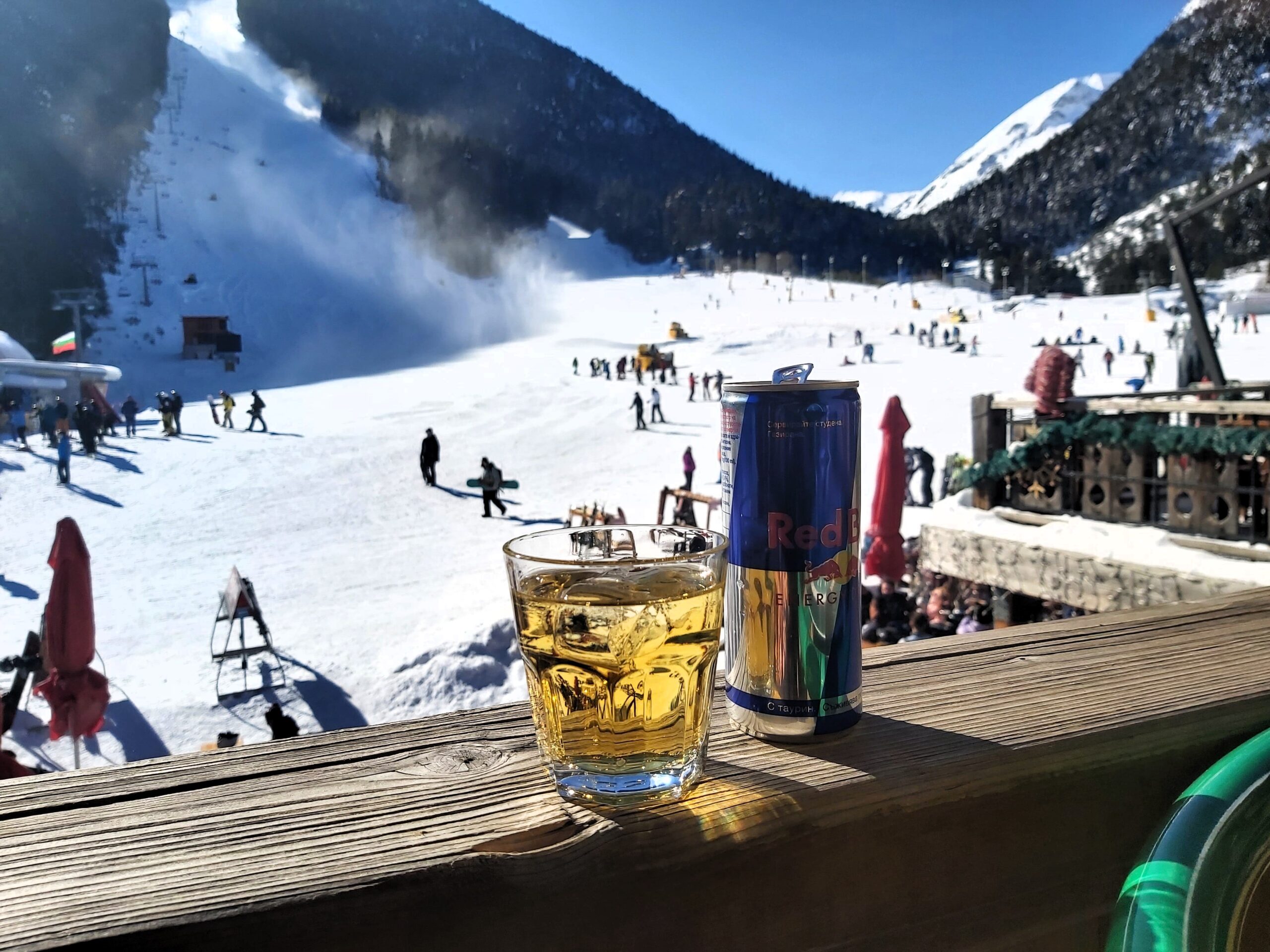 A vodka and redbull at a bar up the mountain in Bansko, Bulgaria
