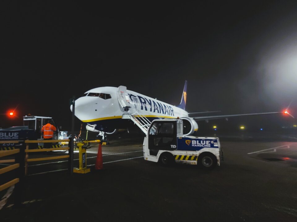 Ryanair plane and truck, Stansted Airport, England.