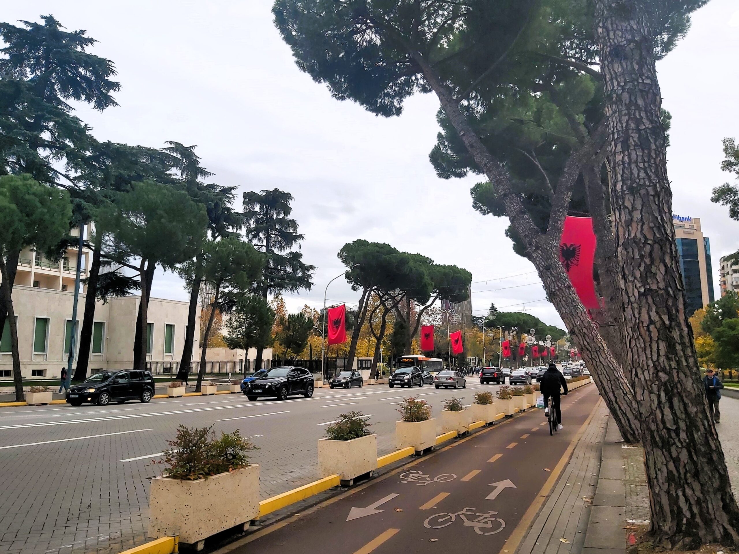 Albanian Flags lining the street in Tirana