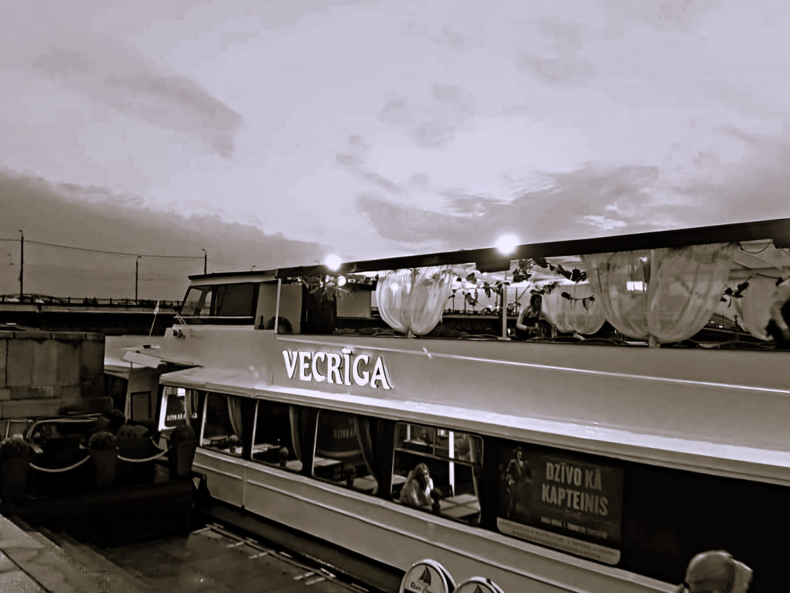 A black and white shot of the 'Vecriga' cruise ship in Riga, Latvia.