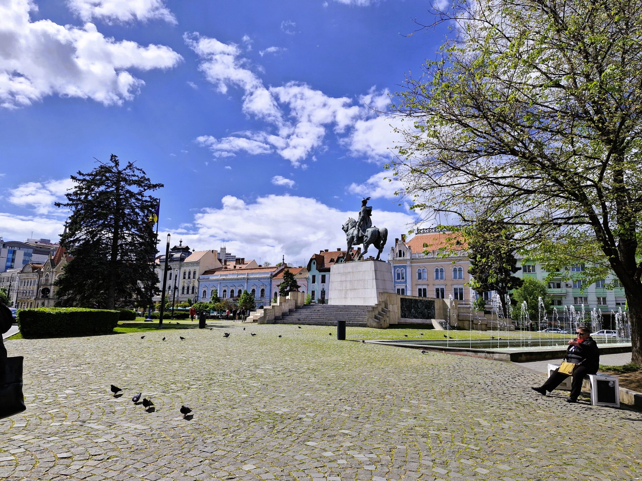 A mounted horse statue takes centre stage in this deserted square in Cluj, Romania.