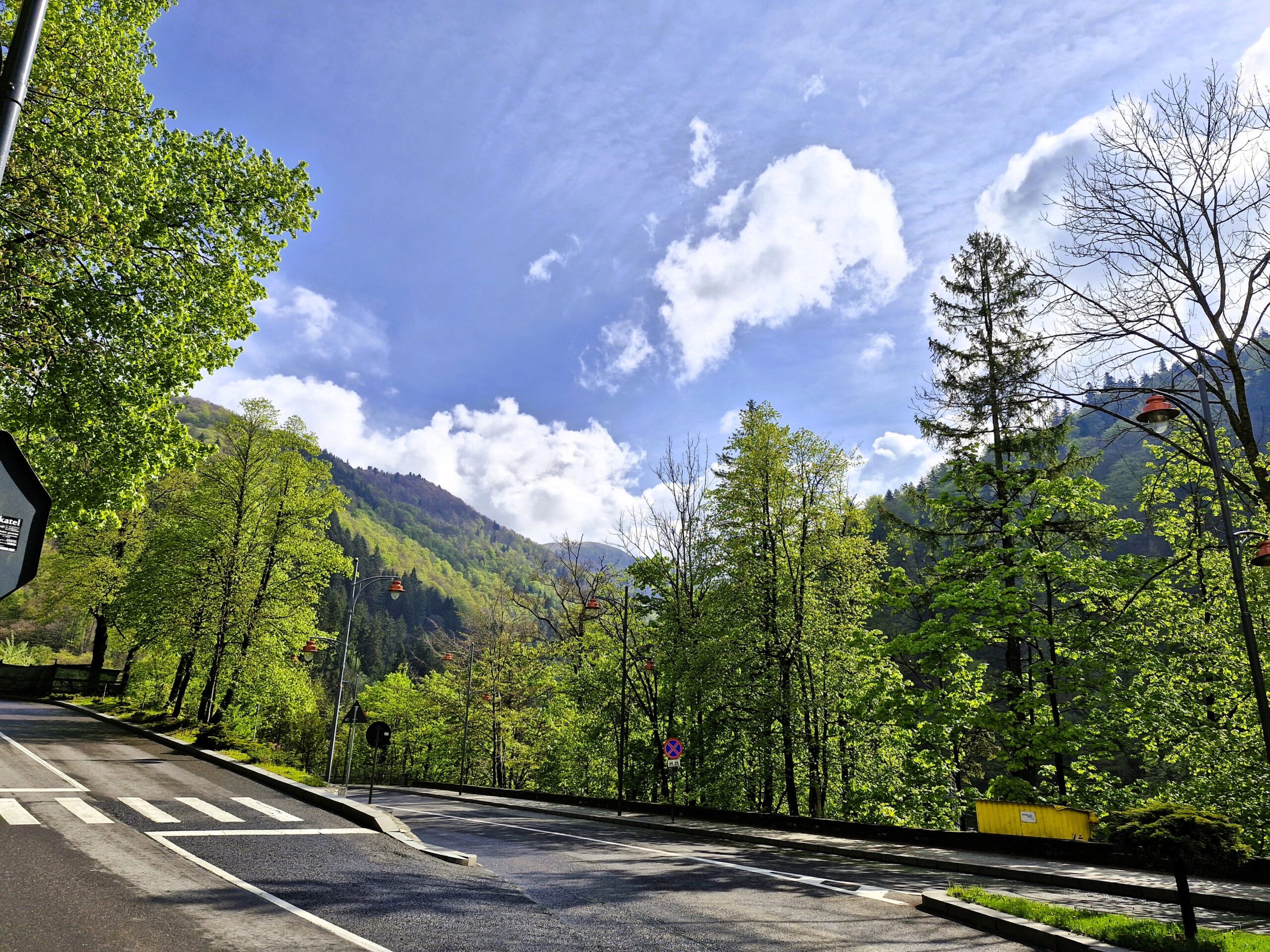 A deserted road and stunning green mountain range as seen by Wandering Lewis in Sinaia