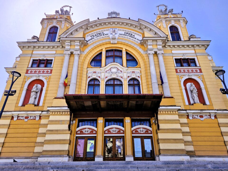 The bright yellow building that is the National Opera Theatre in Cluj-Napoca, Romania.